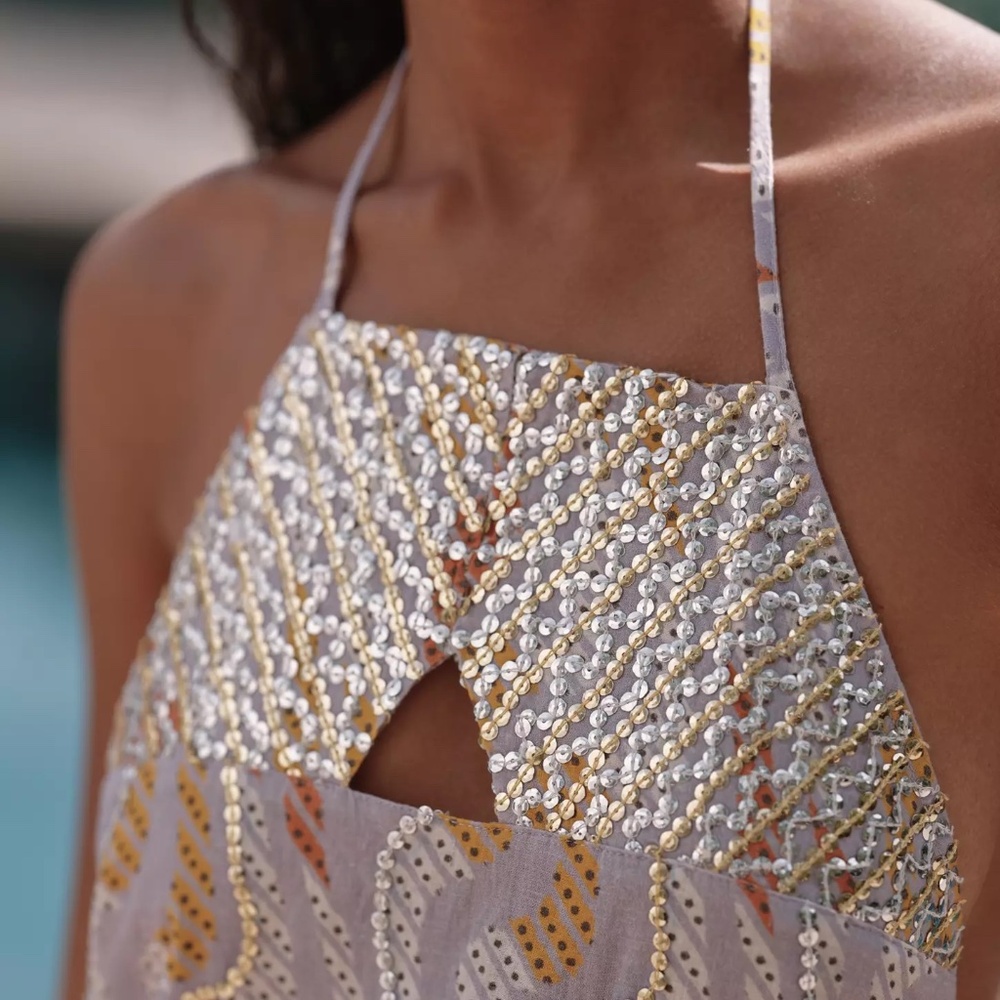 Anthropologie Celandine Linen Blend Halter Sequin Mini Dress Coverup size XS NWT - Picture 3 of 5